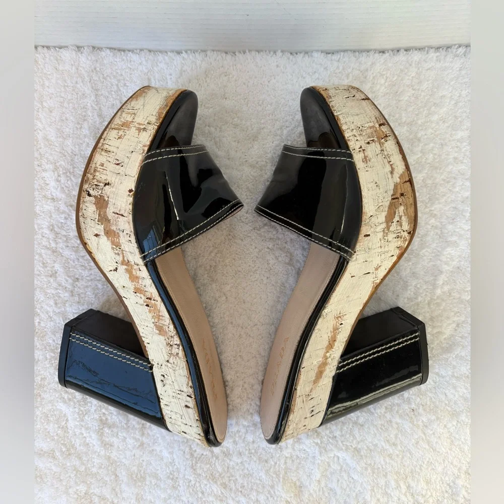 Prada Block Heels Black Patent Leather Cork Platform Slides Size EU 39.5 US 9.5